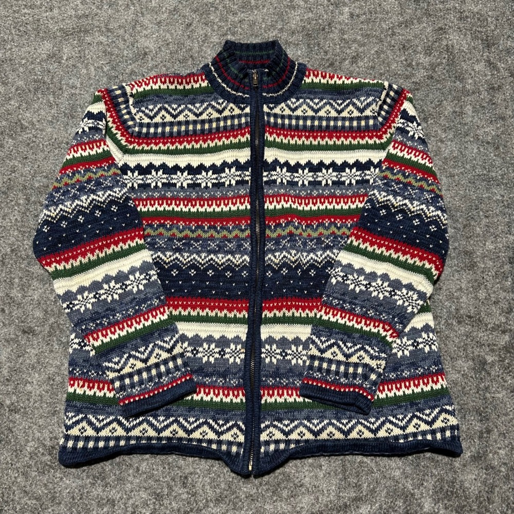 Tiara International Fair Isle Full Zip Sweater Blue Red Green Size Small